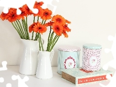 Orange, White, Boxes, Book, gerberas, bottles