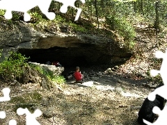 cave, trees, boy, doggy, Stones, viewes