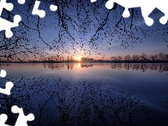 Sunrise, morning, trees, viewes, Latgale, Latvia, branch pics, reflection, Dubna River