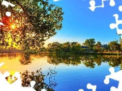 lake, viewes, light breaking through sky, trees