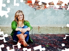 sitting, wall, brick, Shawn Johnson