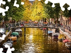 canal, Netherlands, bridge, autumn, Boats, Amsterdam