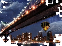 bridge, Balloon, Night, light, Town