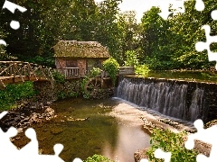 bridge, forest, Windmill, water, River