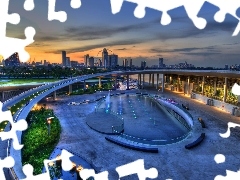 skyscrapers, graphics, bridge, fountain, clouds, Town