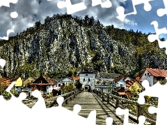 wooden, buildings, Bavaria, River, Mountains, bridge, Germany