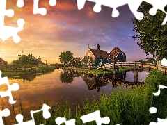 bridge, Zaanse Schans Open Air Museum, Houses, country, Netherlands, Windmills, River