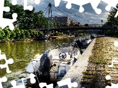 bridge, River, motorboat