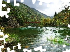 Mountains, River, bridge, woods