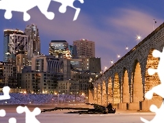 Mississippi, clouds, Minneapolis, Frozen, skyscrapers, bridge, night