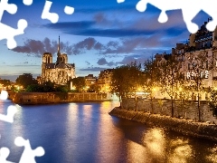 River, Notre, Houses, Paris, Notre, bridge, Night