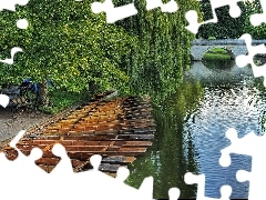 Park, River, bridge, boats