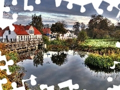 bridge, reflection, Sky, Houses, cloudy