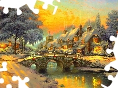 bridge, River, view, Houses, winter