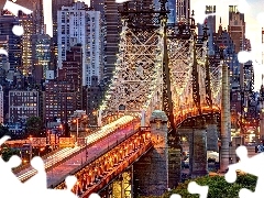 bridge, skyscrapers, USA, Floodlit, New York