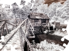 bridges, winter, water, cascade, Windmill