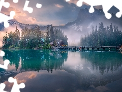 Fog, Emerald Lake, bridge, Province of British Columbia, Mountains, Yoho National Park, house, Canada, clouds, forest