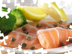 broccoli, capers, salmon, lemon, dish