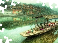 buildings, River, Boat