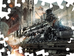 buildings, chain, Train, locomotive, Steampunk