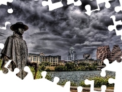 clouds, Statue monument, buildings, lake