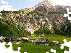 buildings, Mountains, Meadow