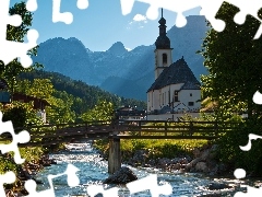 trees, River, buildings, Mountains, viewes, bridges