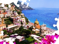 buildings, Sky, Amalfi, sea, Italy