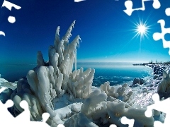 sky, sun, Covered, sea, rays, Bush, ice