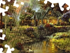 viewes, brook, Thomas Kinkade, Bush, picture, trees, Home, Flowers