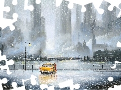 Town, painting, Cab, lovers, Rain, picture