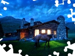 Cabin, Montana, house, Night, Horse