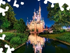Night, Castle, California, USA, Disneyland, River