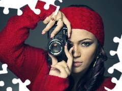 girl, make-up, Camera, Hat