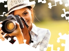 Camera, Park, girl, Hat, smiling