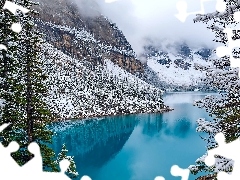 Lake, Canada, Mountains, Fog, forest, Moraine, lake, winter