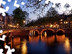 bridge, canal, Amsterdam, lanterns, Netherlands