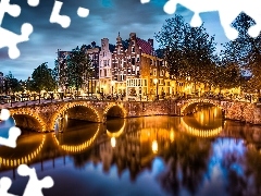 canal, Bridges, night, apartment house, Amsterdam