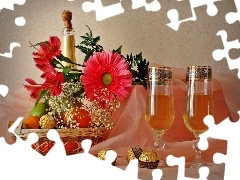 Champagne, Flowers, Candies, glasses