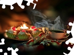 Muffins, hot, Candles, blur, Rafaello, tea