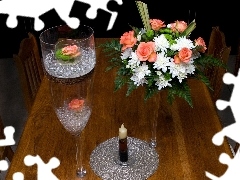 bouquet, Table, Candles, rouge