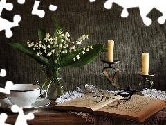 lilies, Glasses, candlestick, Book