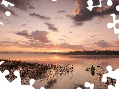 west, lake, canoeist, sun