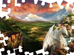 Mountains, Women, Castle, Dragon