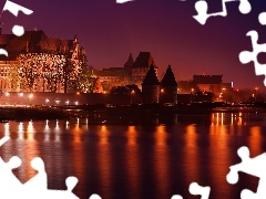 Castle, Night, Malbork, Nogat River, Poland