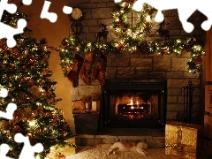 cat, christmas tree, Lights, socks, gifts, burner chimney