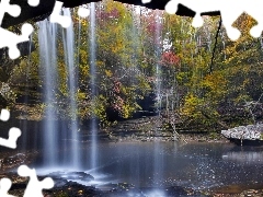 cave, forest, waterfall