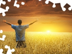 cereals, a man, sun, clouds, west