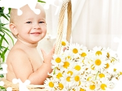 Kid, Flowers, chamomile, basket