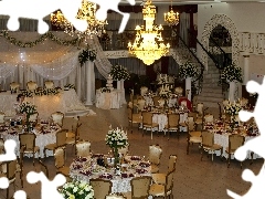 Restaurant, Stool, Chandeliers, tables